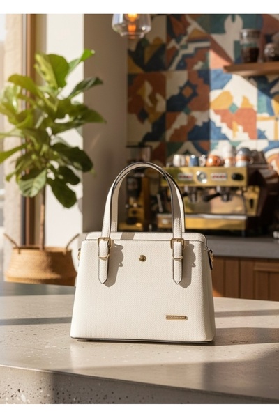 Sanmorris Дамска кремава чанта с дълга дръжка, златни аксесоари, за ръка и рамо