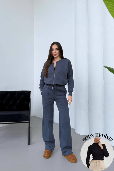 Mezka Kadın Şardonlu Fermuar Detaylı Üç Iplik Kışlık Füme Eşofman Takımı