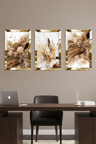 Zevahir Mobilya Dekorasyon Gold Mirrored Plexiglass Framed Dried Flower Triple Mdf Table Set