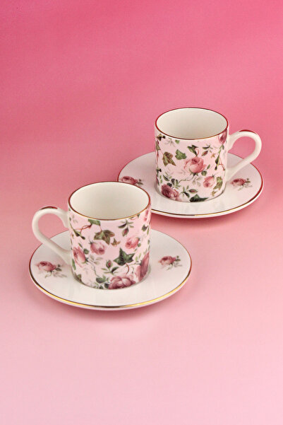 Bursa Porselen Dekor طقم أكواب بلون القهوة باللون الوردي اللبلاب الذهبي لشخصين