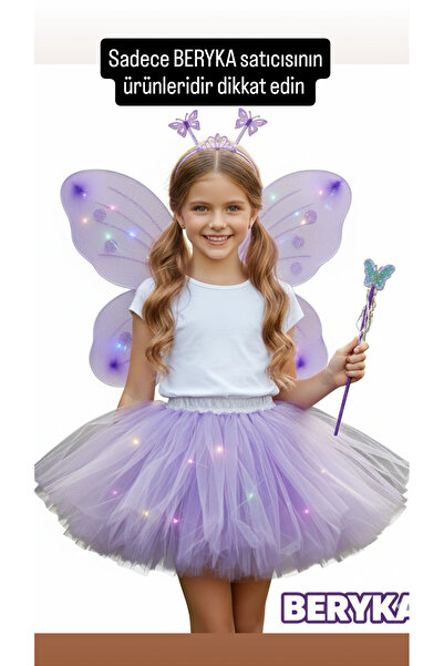 Beryka 2-10 Yaş Kız Çocuk Led Işıklı Kelebek Kanat Peri Kostüm Seti - açık mor