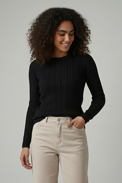 hateko Women's Pure 100% Cotton Black Crew Neck Hair Knit Sweater – Knitted Pattern