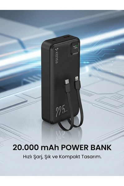 Kensa Powerbank Kendinden Kablolu 2.4a Hızlı Ve Güçlü 20.000 Mah Typc-e Ve Li...