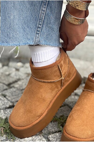 levla shoes Platform Taban İçi Kürklü Taba Bot