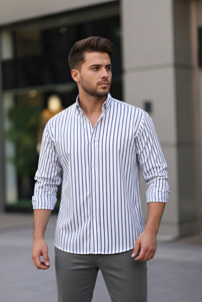 Bürke Long Sleeve White Color Blue Striped Half Oversize Men's Shirt