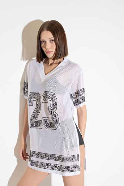 Kikiriki Taşlı Bol Kesim Beyaz File Bluz