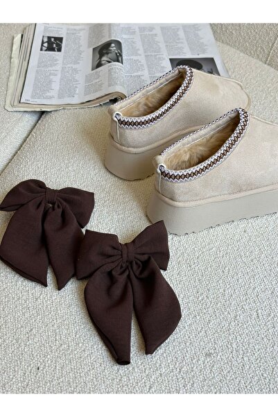 ERVANIN BUTİĞİ Bej Süet (Huggie XL) İçi Yünlü Kadın Terlik