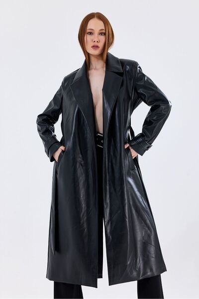 Sense Faux Leather Black Trench Top Coat - Lined and Belted Waist, Epaulette Detailed