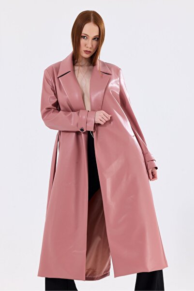 Sense Powder Colored Faux Leather Trench Coat - Lined, Belted and Epaulette