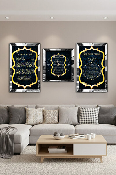 Zevahir Mobilya Dekorasyon Set de masă și ceas din MDF triplu cu oglindă Ayetel Kursi cu cadru din plexiglas cu oglindă argintie