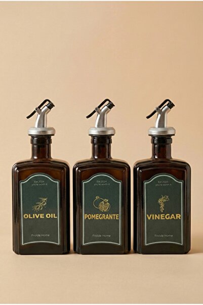 Frolde 3lü Amber Set Zeytinyağı Sıvıyağ Sirke Şişesi Yağdanlık Vintage Retro