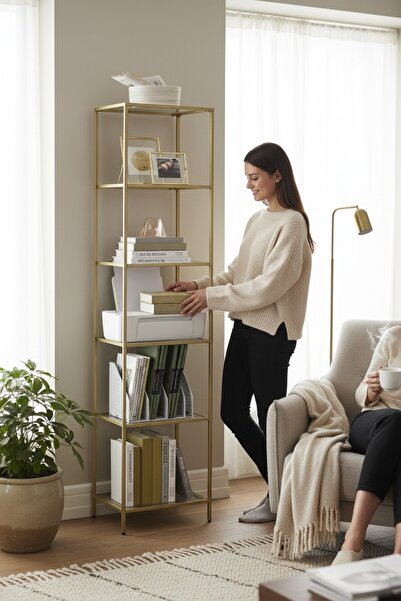 TOLIAHOME Modern 6 Katlı Gold Renk Metal İskeletli Cam Raflı Kitaplık Aksesuar Rafı