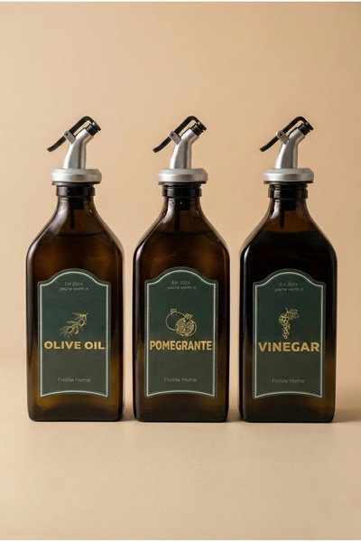 Frolde Amber Zeytinyağı Sıvıyağ Sirke Şişesi Yağdanlık Vintage Retro 3lü Set