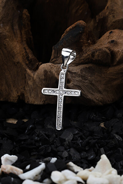 TAYFUN SİLVER 925 Ayar Gümüş Minimalist Zirkon Taşlı İnce Haç Kolye Ucu | Zar...