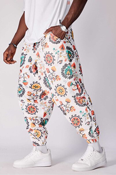 FG KONNİCHİWA Unisex Ethnic Patterned Loose Hippie Bohemian Baggy Pants with Elastic Waist and Cuffs and Pockets Ethnic Design