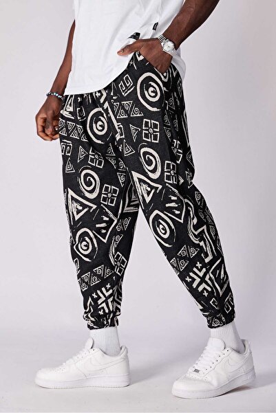 FG KONNİCHİWA Unisex Ethnic Patterned Loose Hippie Bohemian Baggy Pants with Elastic Waist and Cuffs and Pockets Ethnic Design