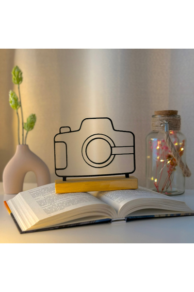 OEM Decoratiune "Camera Foto" cu baza din lemn natural, 12 cm, negru, imprimat 3D