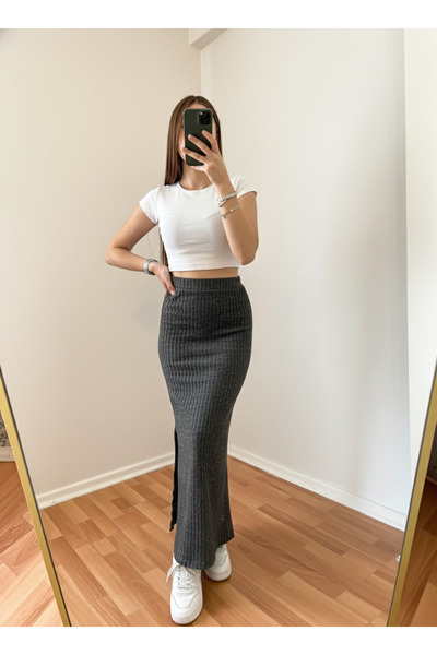 FOORS High Waist Slit Knitwear Corded Fabric Skirt