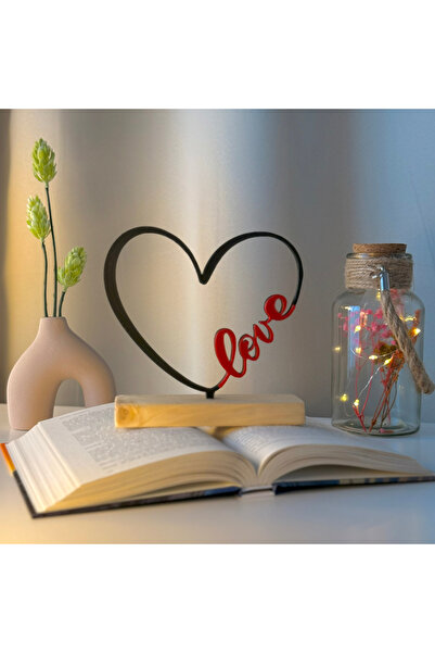 OEM Decoratiune "Heart Love" cu baza din lemn natural, 15 cm, rosu/negru, imp...