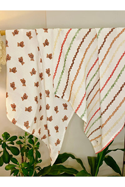 Parlova Pufi Çok amaçlı müslin örtü, ikili set, %100 pamuk, baskılı, 75x90 cm