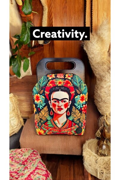 Shiw Design Frida Kahlo Sanat Desenli Ahşap Mıknatıslı Portföy Çanta El Çanta...
