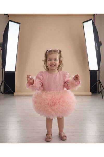 penu baby kids Pembe Uzun Kollu Pamuk Astarlı Tütü Etekli Fiyonklu Kız Çocuk ...