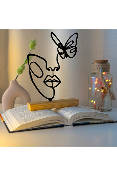 OEM Decoratiune "Chipul cu Fluture" cu baza din lemn natura, 22 cm, negru, im...