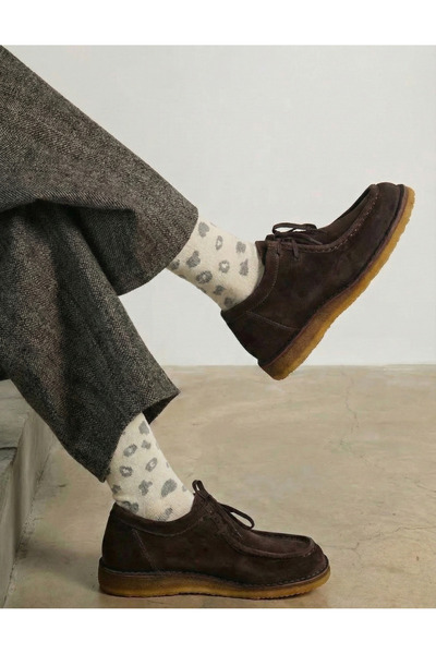 FENRA STUDIO Women's Cotton Leopard Printed Full Terry Inside Cream Daily Socks