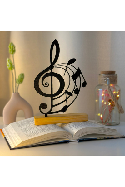 OEM Decoratiune "Cheia Sol & Portativ" cu baza din lemn natural, 21.5 cm, neg...