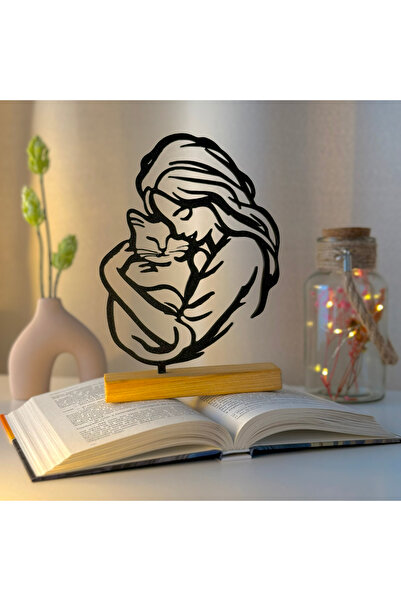 OEM Decoratiune "Imbratisare Felina" cu baza din lemn natural, 21 cm, negru, ...