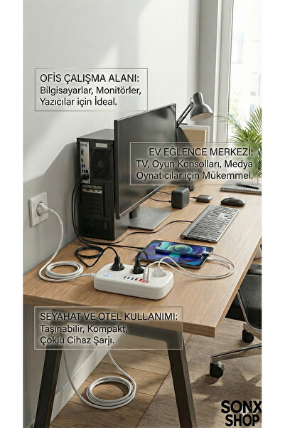 sonx 2500W Çoklu Priz 2 METRE – 3’lü AC Priz +5 USB Çıkışı AKIM KORUMALI Alev Almayan Gövde,