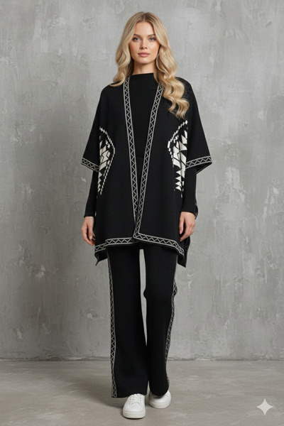 newmisal طقم تريكو بانشو نسائي بنمط عرقي ثلاثي