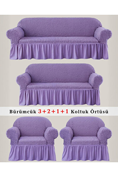 ARTUÇ Bürümcük Pamuklu (3-2-1-1) Koltuk Kanepe Örtüsü Takımı Etekli (LİLA RENK)