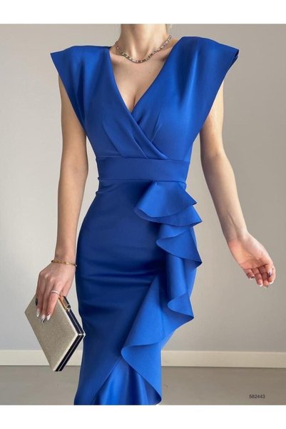 ALFUDO Moda Collection Kadın Sax Scuba Dalgıç Kumaş Kruvaze Yaka Eteği Volanlı Abiye Mezuniyet Nikah Elbise
