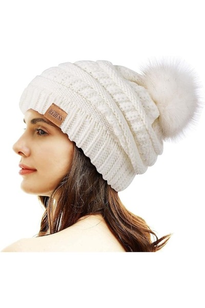 Redess Caciula pentru femei cu pompon tip beanie, cu interior din fleece, per...