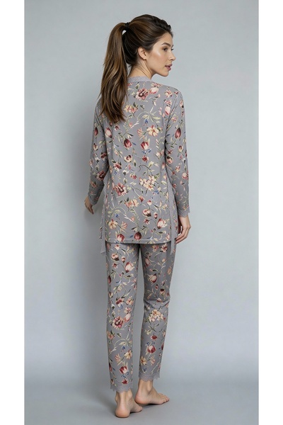 MAY Homewear Triple Bamboo Milan Fabric Lace Detailed Long Sleeve Dressing Gown Undershirt Colorfast Printed Pajama Set