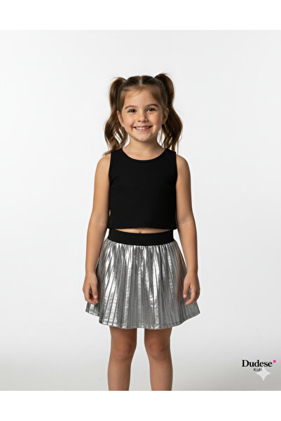 Dudese Kız Çocuk Siyah Crop Ve Gümüş Piliseli Etek Takım, 3-9 Yaş