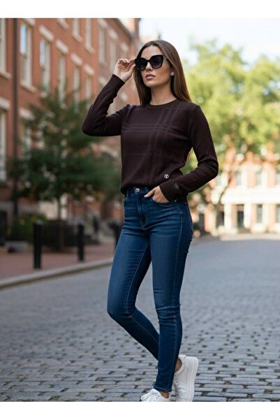 YusGos Women's Crew Neck Steel Knit Plaid Pattern High Quality Knitwear Sweater