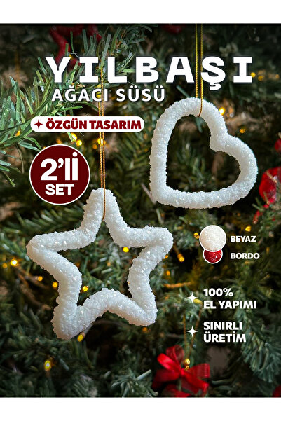 RAVVORA Kristal Dokulu El Yapımı Reçine Yılbaşı Çam Ağacı Süsü Kalp ve Yıldız...