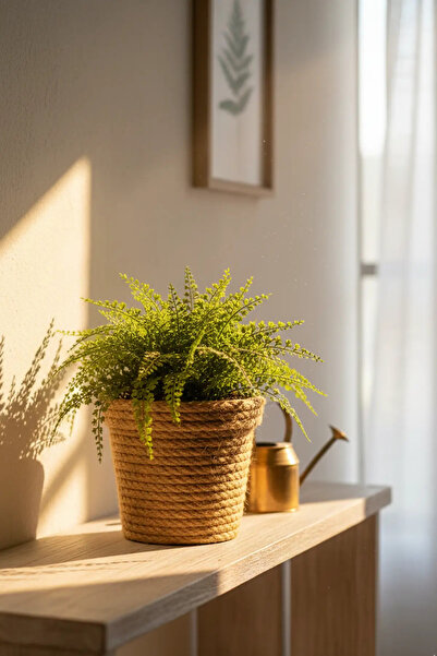 N NOXXO Dekoratif Halat Dekor 0,7lt Plastik Saksı Hasır Jüt İp Saksı