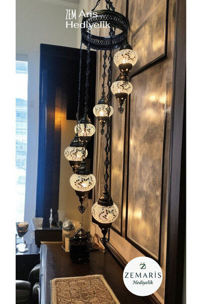ARİS HEDİYELİK Dekoratif Sarkıt Mozaik Tavan Lambası 7'li Otantik Lamba