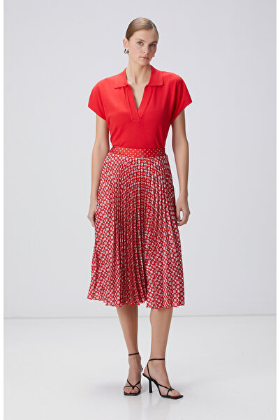 Network Kırmızı Desenli Midi Etek