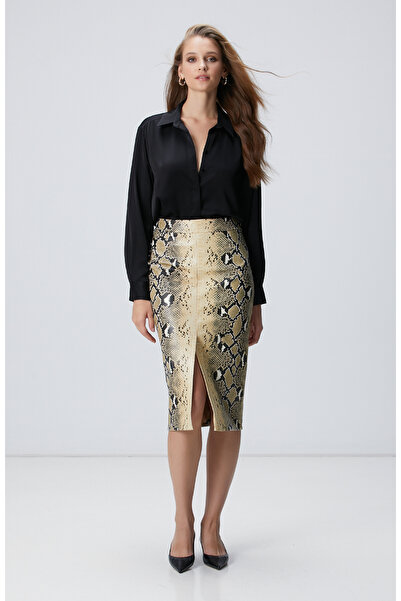 Network Haki Desenli Suni Deri Midi Etek