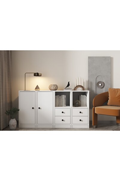 Nettrends Rafli Dolapli Çekmeceli Konsol Beyaz 130 cm Kns-1033-Ç