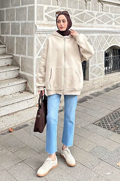 lamelif Hooded Oversized Sweat Beige with Side Pockets