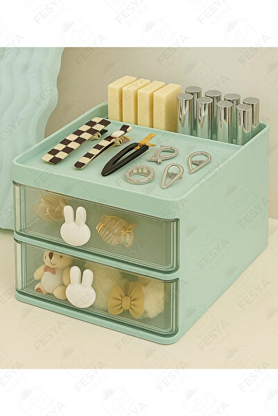 Fesya Home BUNNY 2 Çekmeceli Makyaj Organizeri - Bölmeli Fırça Kozmetik Makya...