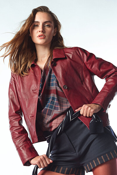 Derimod Beatrix Women's Burgundy Shirt Collar Short Leather Jacket 25Wge561347