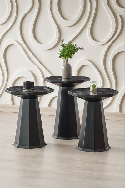 ALTINAKS MOBİLYA Elegance 3'lü Sehpa,Yan Sehpa,Zigon Sehpa - Siyah & Siyah Me...