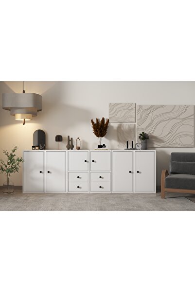 Nettrends Altı Kapaklı Dört Çekmeceli Raflı Beyaz Konsol Çıtasız Kns-1211-ç