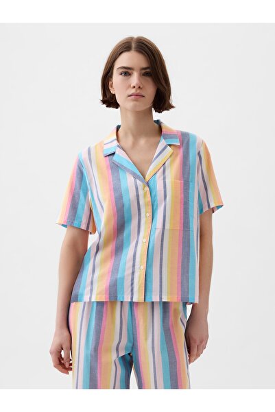 GAP Kadın Mavi Desenli Poplin Pijama Üstü